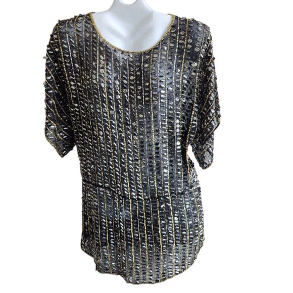 Parker NWT All Silk Hand Beaded Style Tunic/Dress-Art Deco-Black Gold-Flapper-S - Picture 3 of 15
